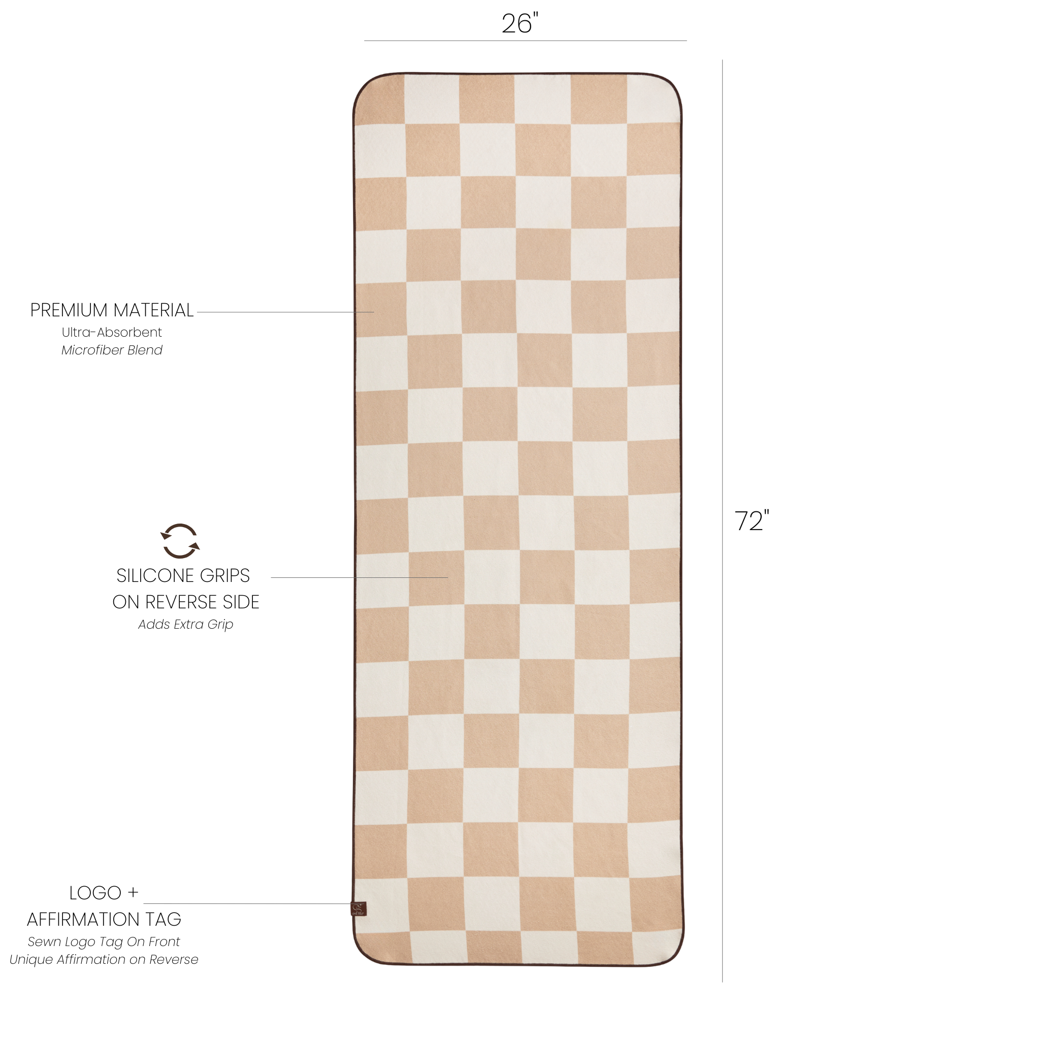 checkered mat towel with dimensions and labels
