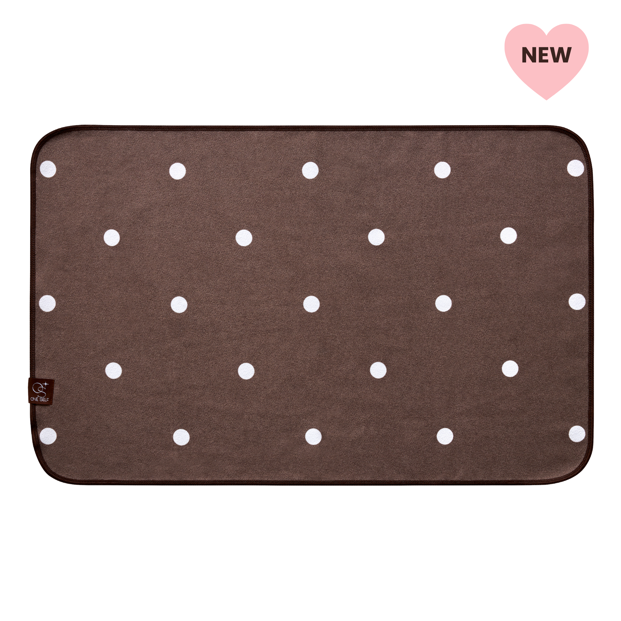 dark brown and white polka dot hand towel with one self logo and "new" label