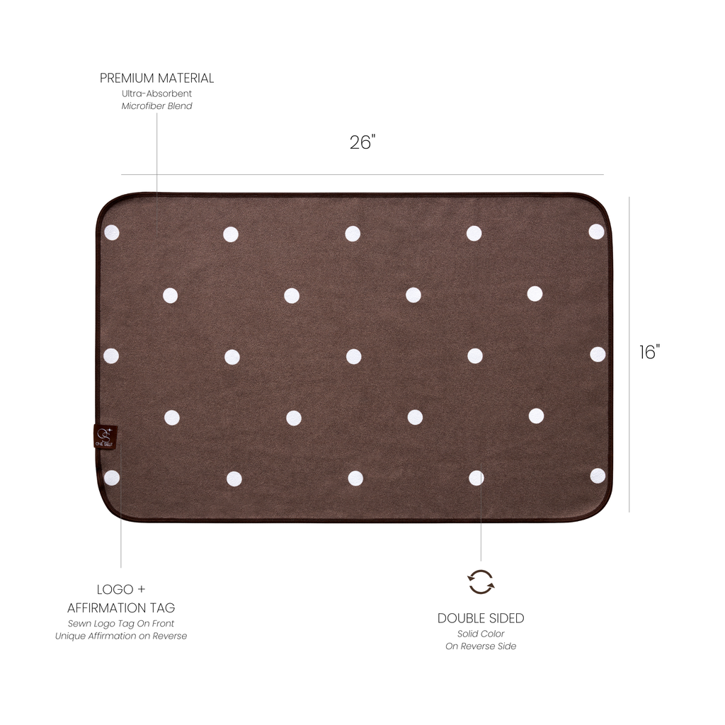 brown polka dot hand towel with dimensions labelled