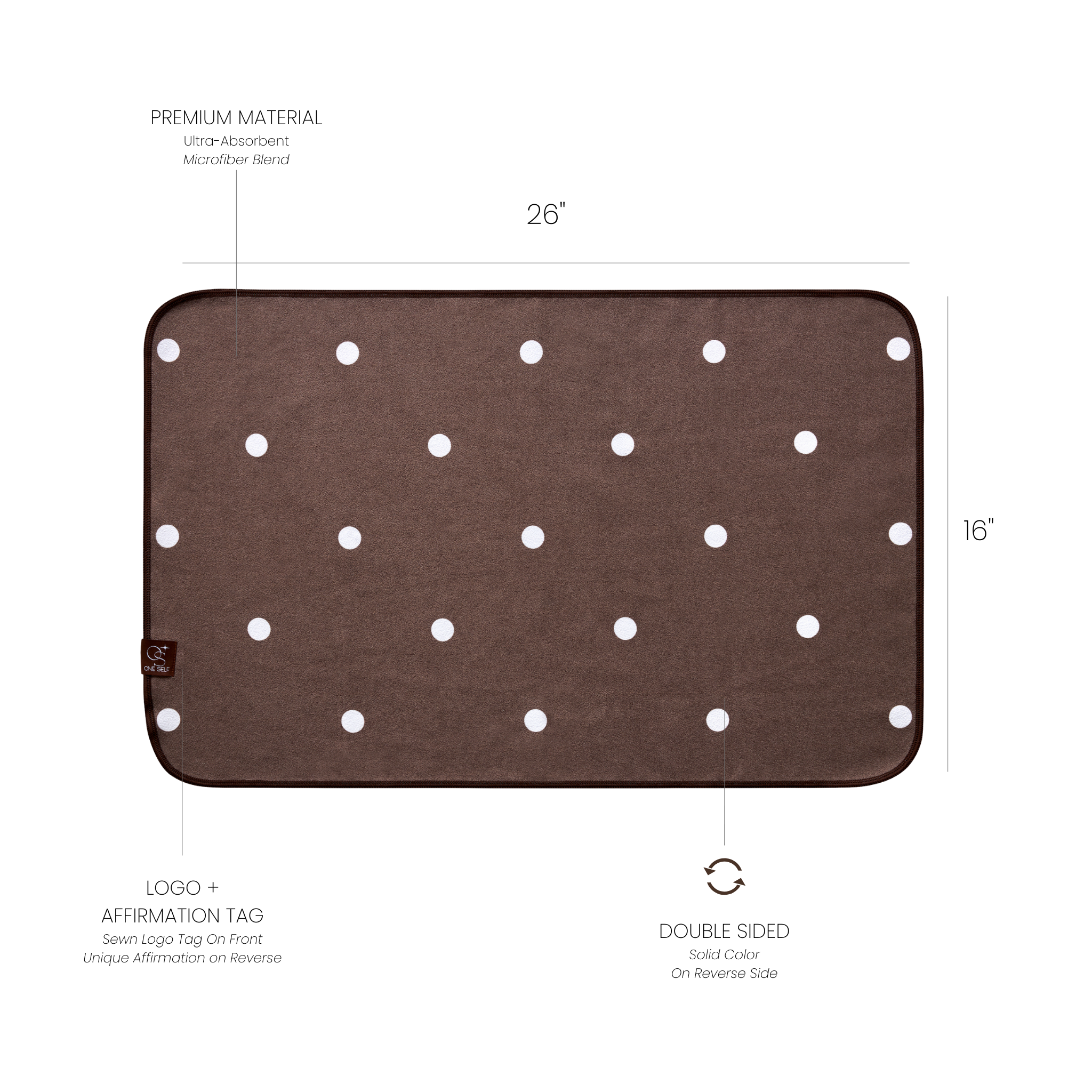 brown polka dot hand towel with dimensions labelled