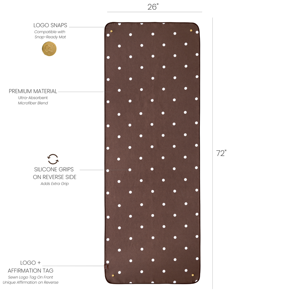 Brown mat with white polka dots and product features on a white background