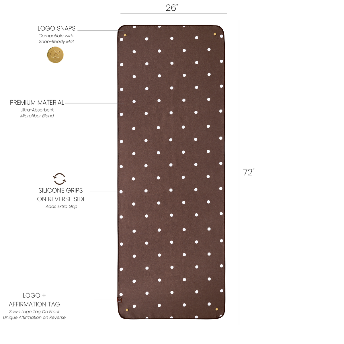 Brown mat with white polka dots and product features on a white background