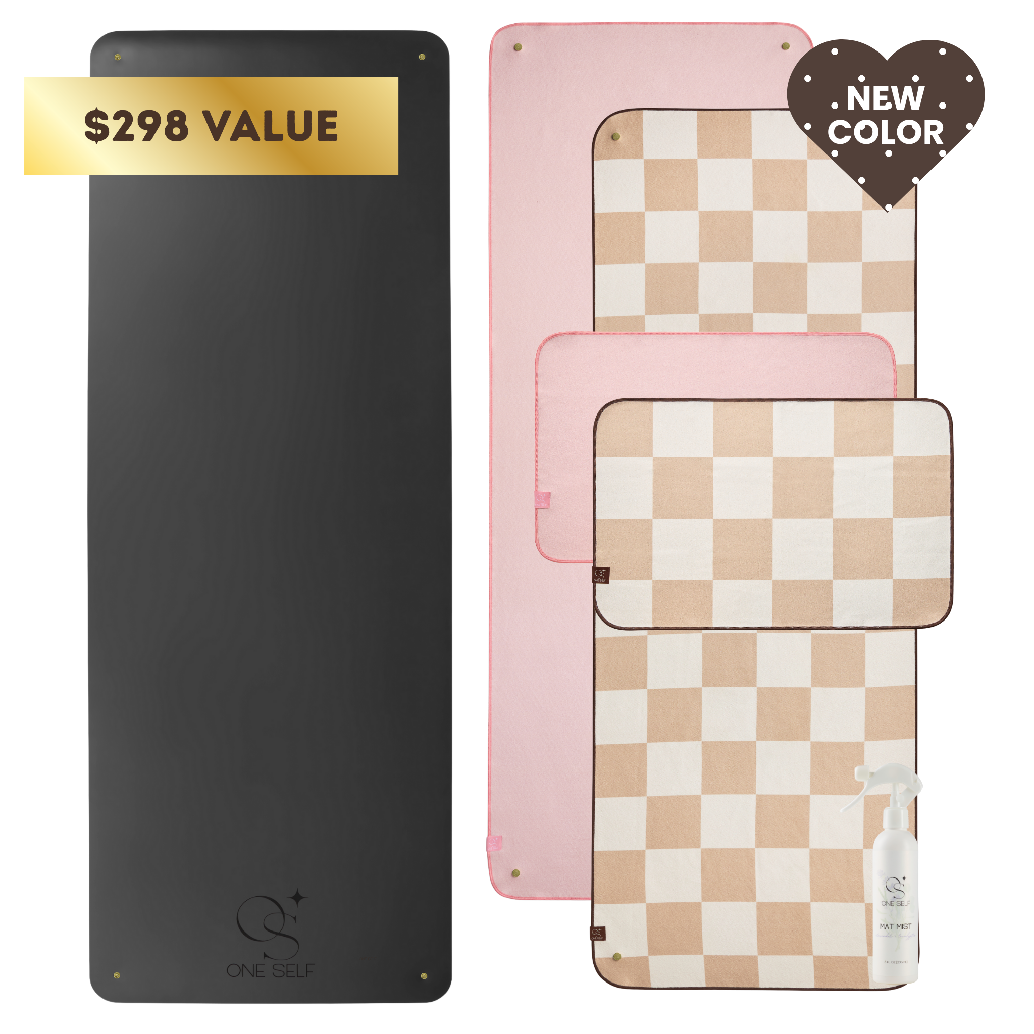 black yoga mat, pink and checker yoga mat towel, and pink and checker hand towel with label that states "$298 value" and "new color"