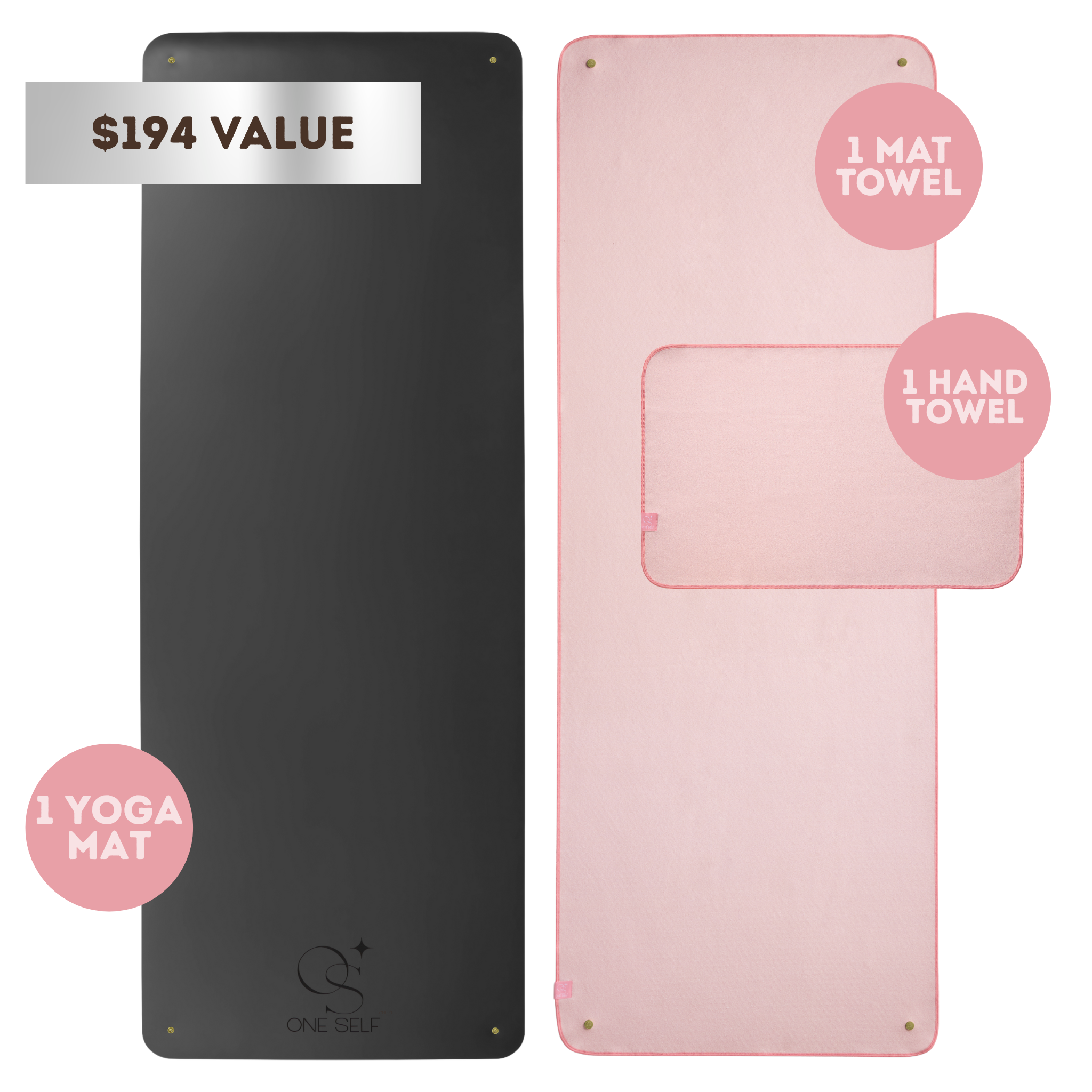 Black yoga mat and pink hand towel with text indicating value and included items.