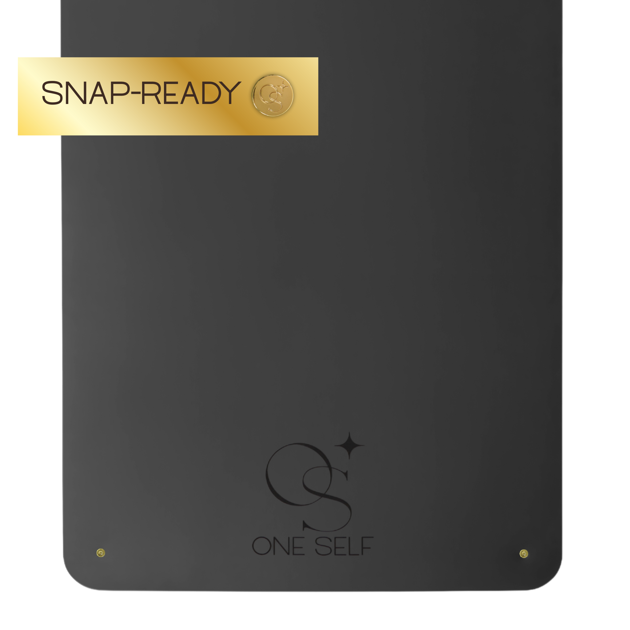 Black yoga mat  with gold label and 'ONE SELF' branding on a white background
