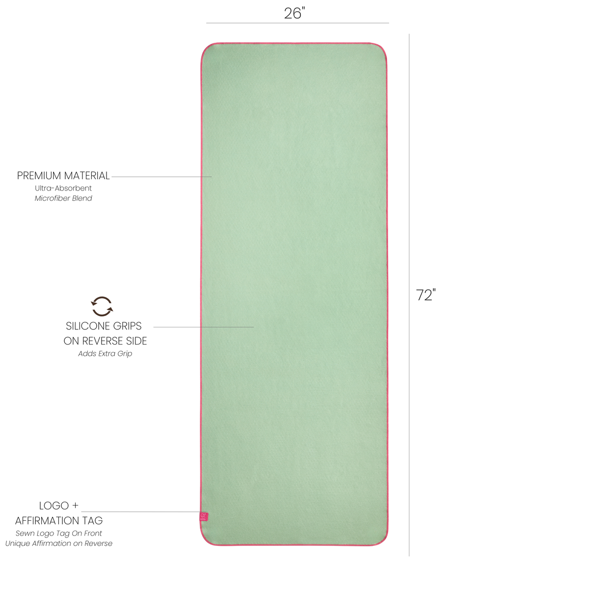 green yoga mat towel with dimensions and labels