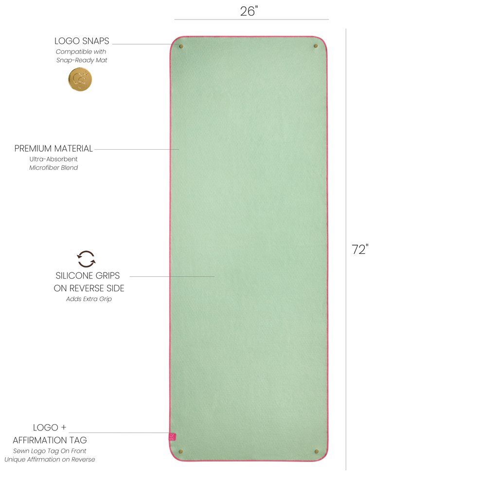Green yoga mat towel with dimensions and features on a white background