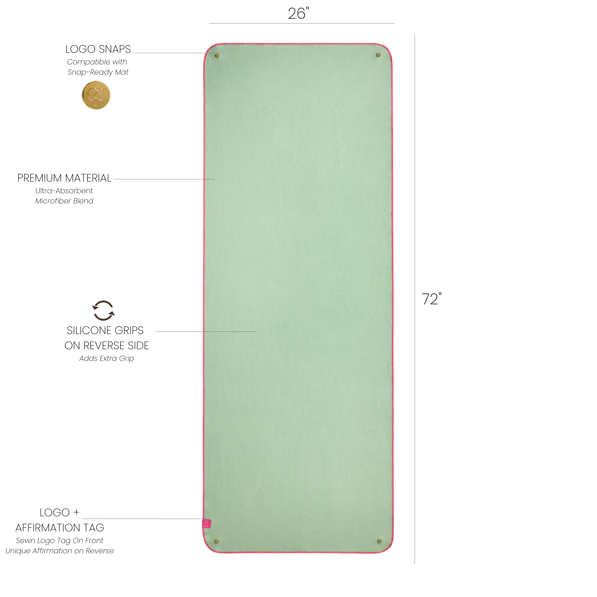 Green yoga mat towel with dimensions and features on a white background