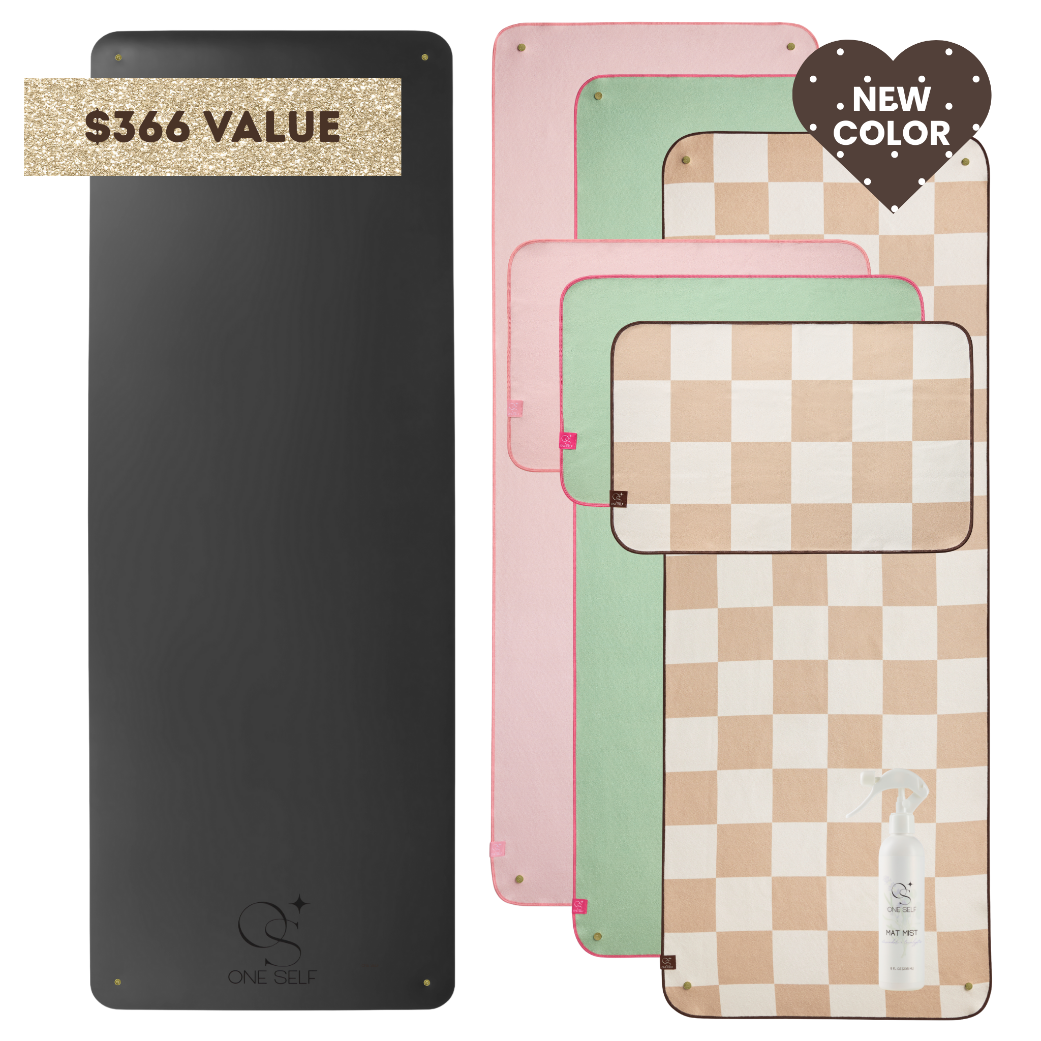 black yoga mat, pink, checker, and green yoga mat towel, and pink, checker and green hand towel with label that states "$366 value" and "new color"