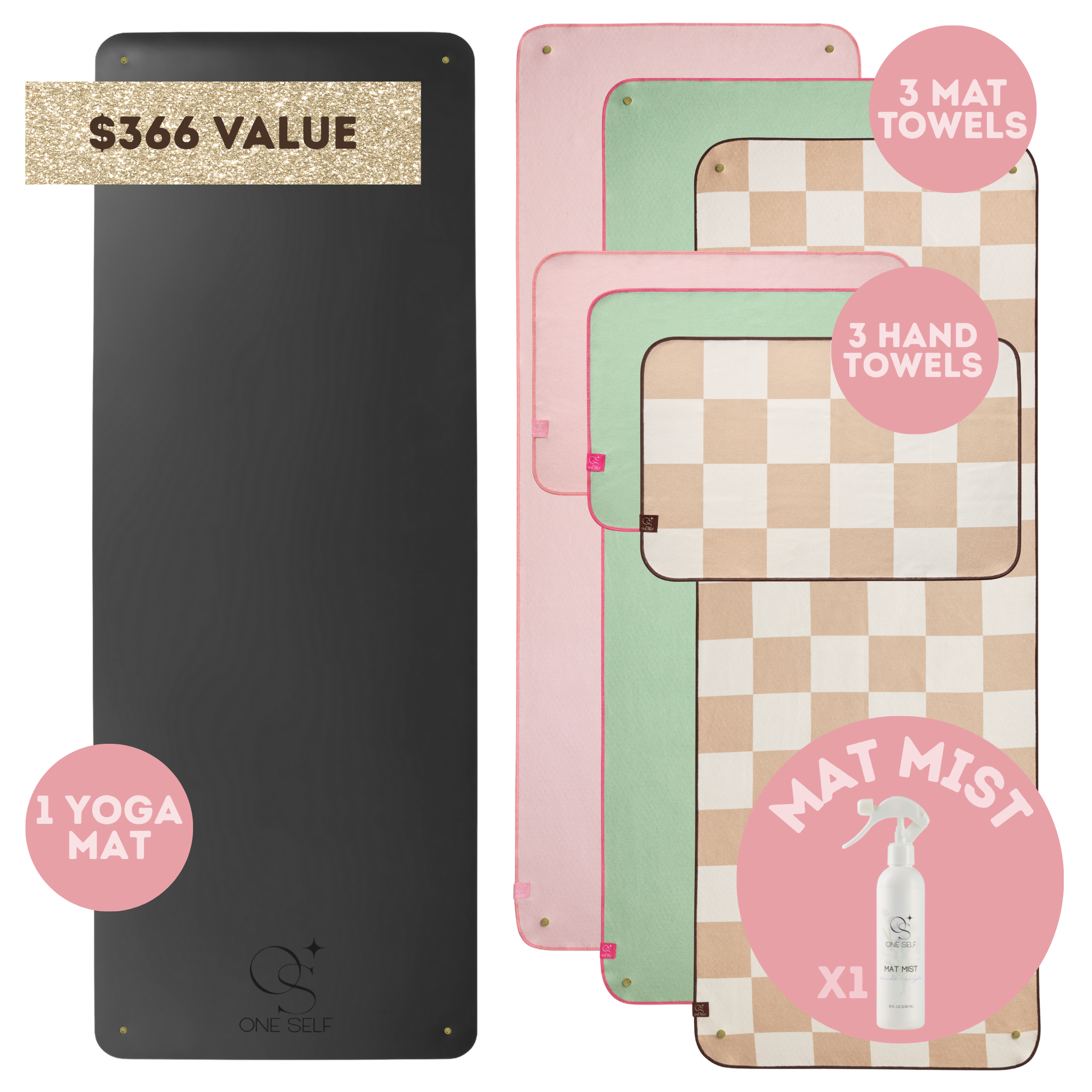 Yoga mat set with towels and mist spray on a white background